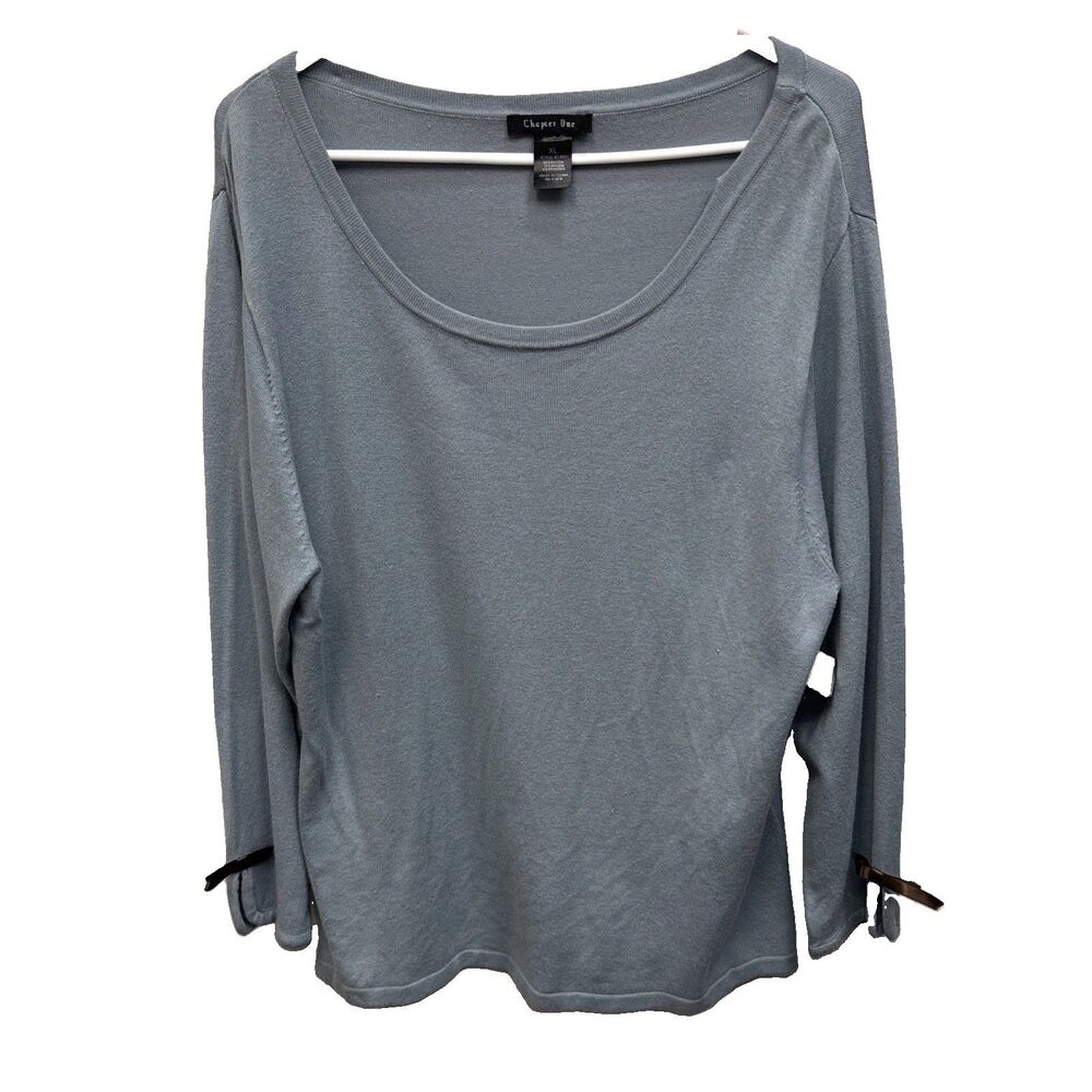 Chapter One Women Sweater Top Pullover Blue  XL New Round Neck Bow Slits Stretch
